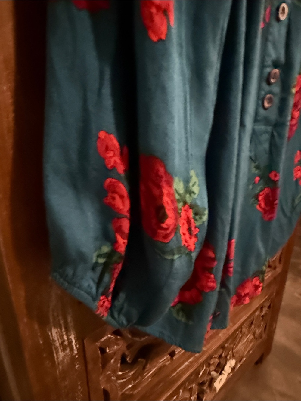 Maeve Teal Floral Button-Front Peasant Blouse - Picture 3 of 5